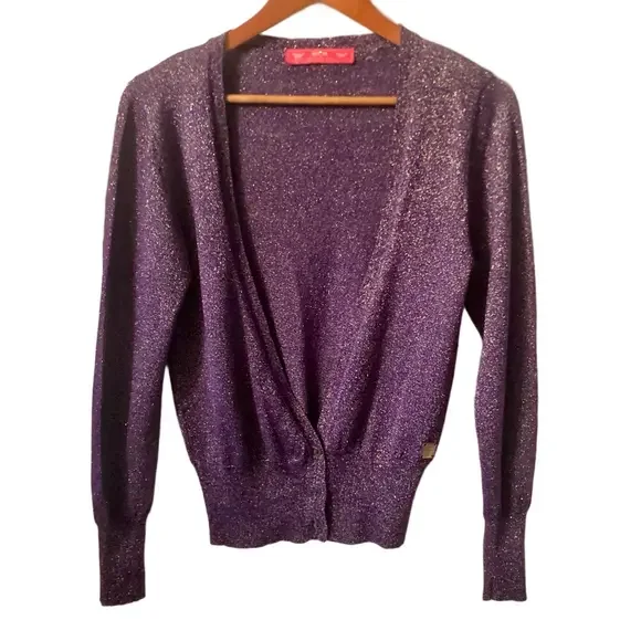 MCM Purple and Gold Sparkle Women's Cardigan US size 6 Made in Italy Wool Blend - Picture 3 of 16